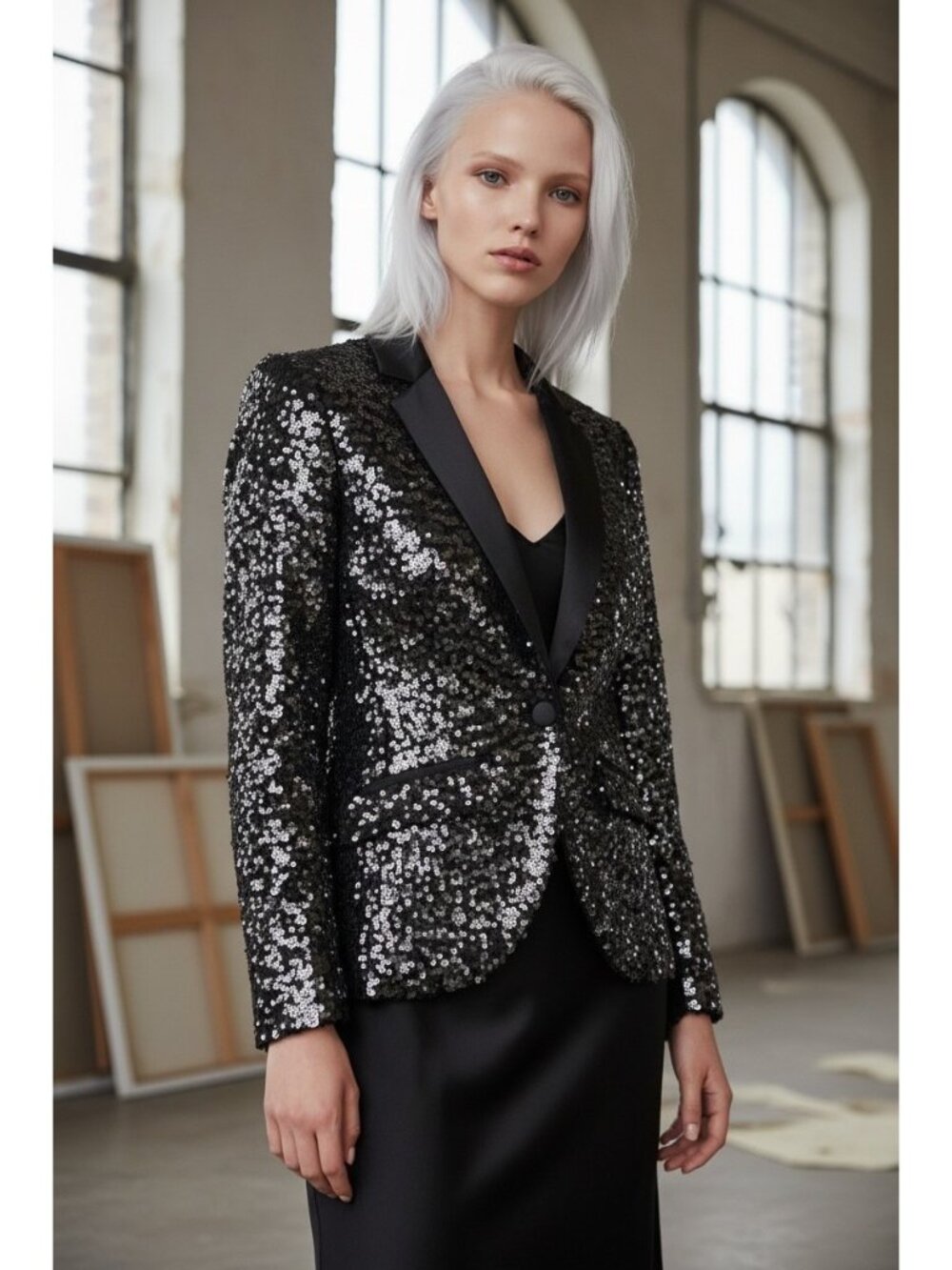 LaROK Black Sequin Tuxedo Blazer Womens XS Y2K 2000s Satin Lapel Jacket Glam